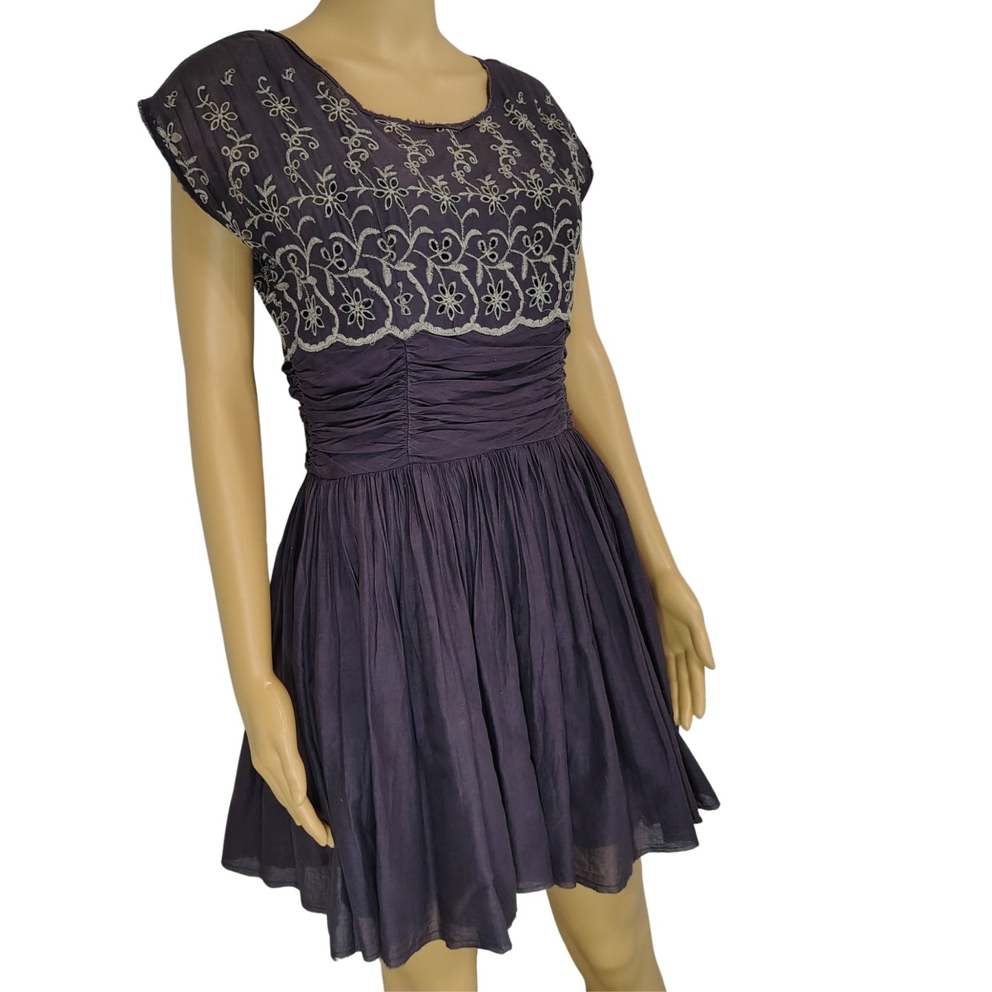 Free People Dark Purple Shirred Floral Embroidered Eyelet Dress Women's Size Small