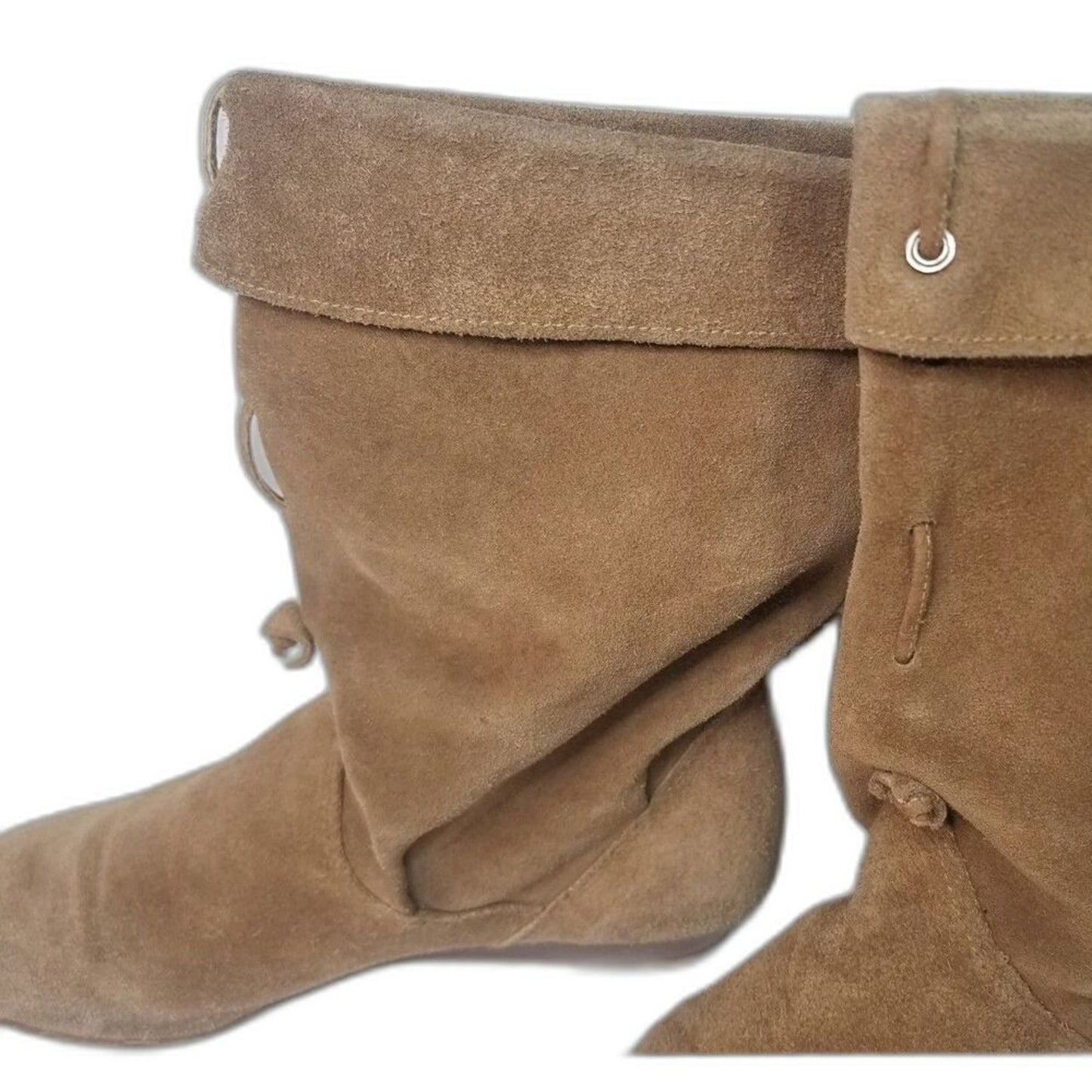 1980s Vintage Brown Suede Folded Slide On Slouch Wide Leg Almond Toe Boots 7M