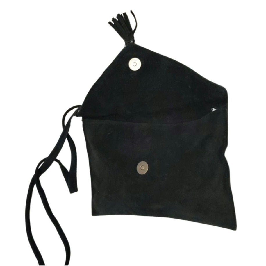Black Suede Crossbody Envelope Handbag Tassel Magnetic Closure Fold Over Top