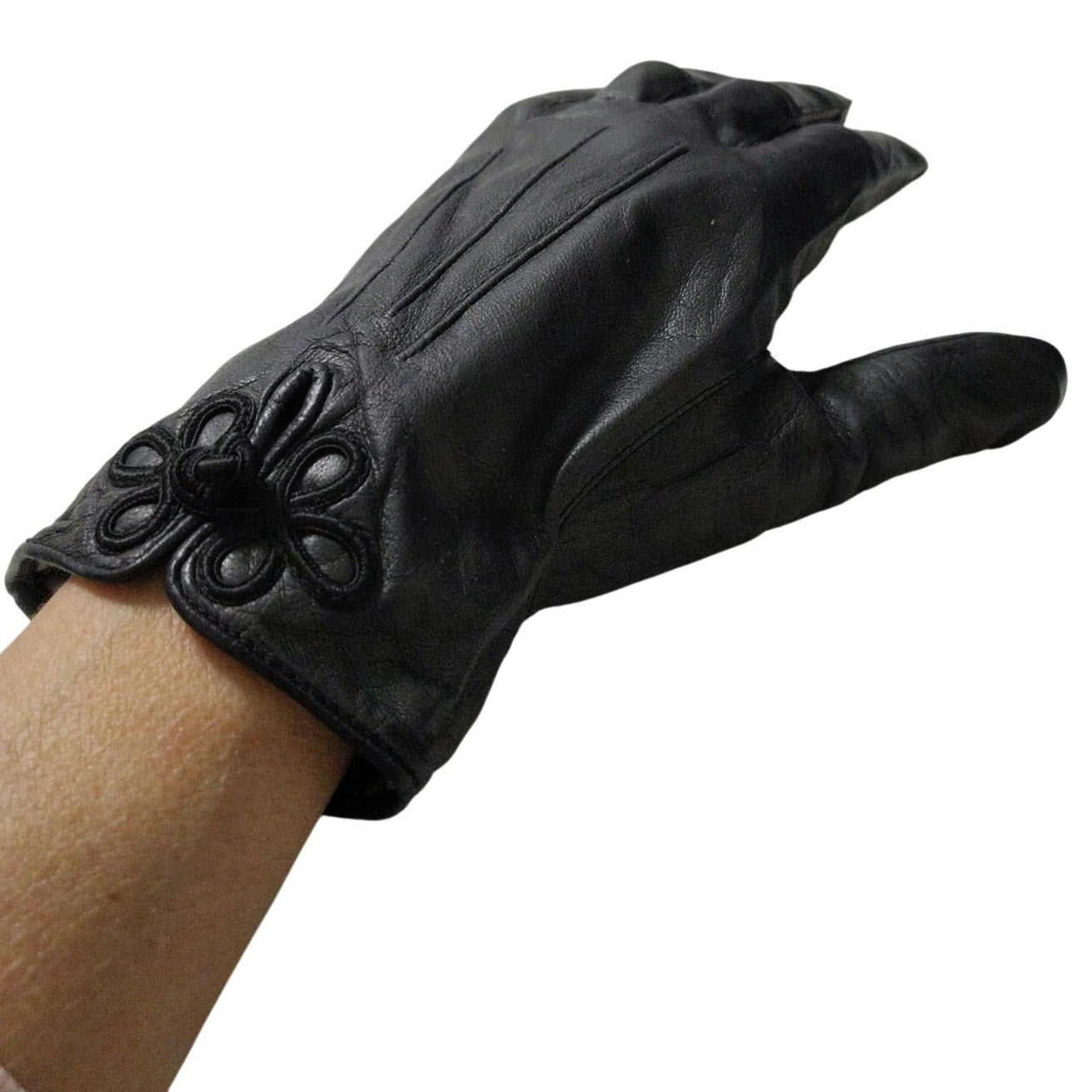Vintage Anne Klein Aris Black Soft Leather Frog Closure Gloves Size Large Womens
