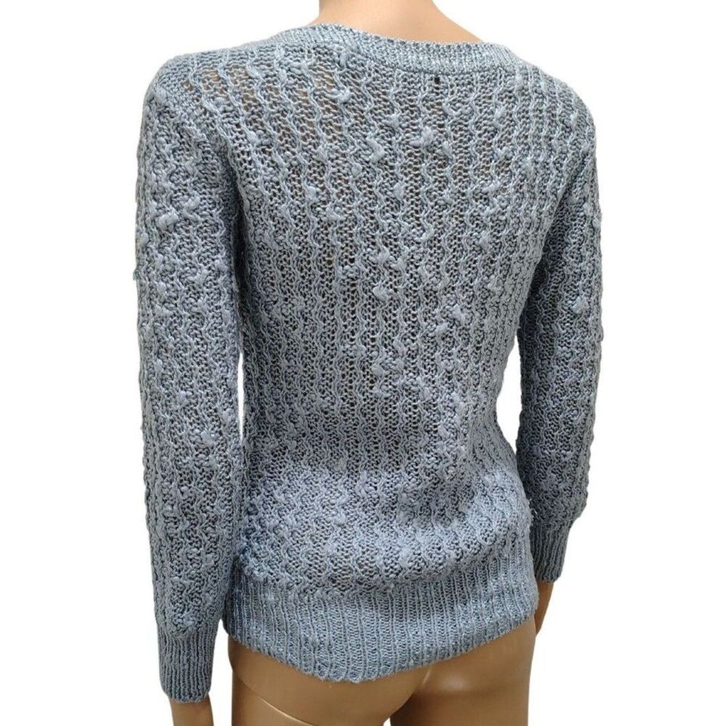 70s Vintage Blue Knit Wave Design Long Sleeve Boat Neck Fitted Sweater
