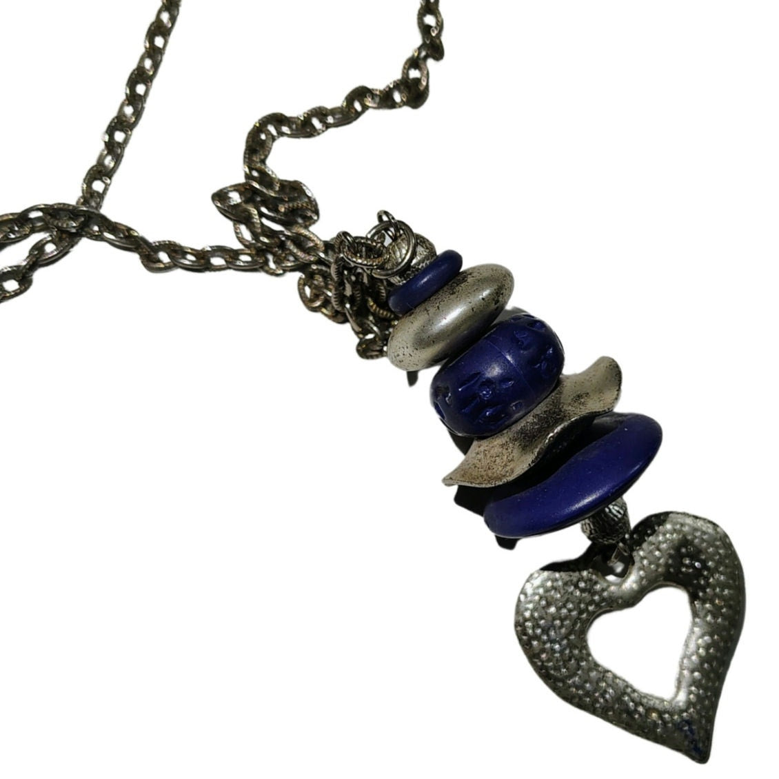 80s Purple Stacked Beads Silver Tone Heart Long Chain Link Statement Necklace