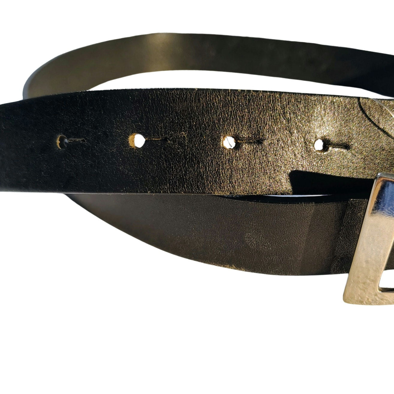 Italian Made Black Leather Belt Rectangular Silver Pull Through Buckle Size 32