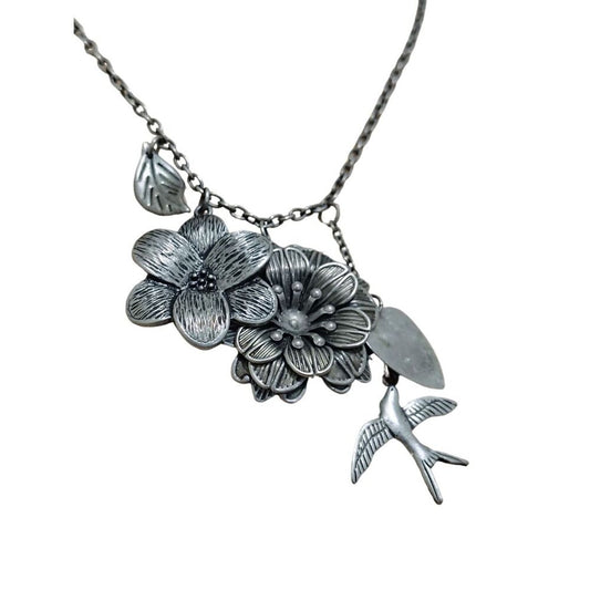 Vintage Floral Bird Heart Charm Necklace Silver Tone Chain Link 19 Inch