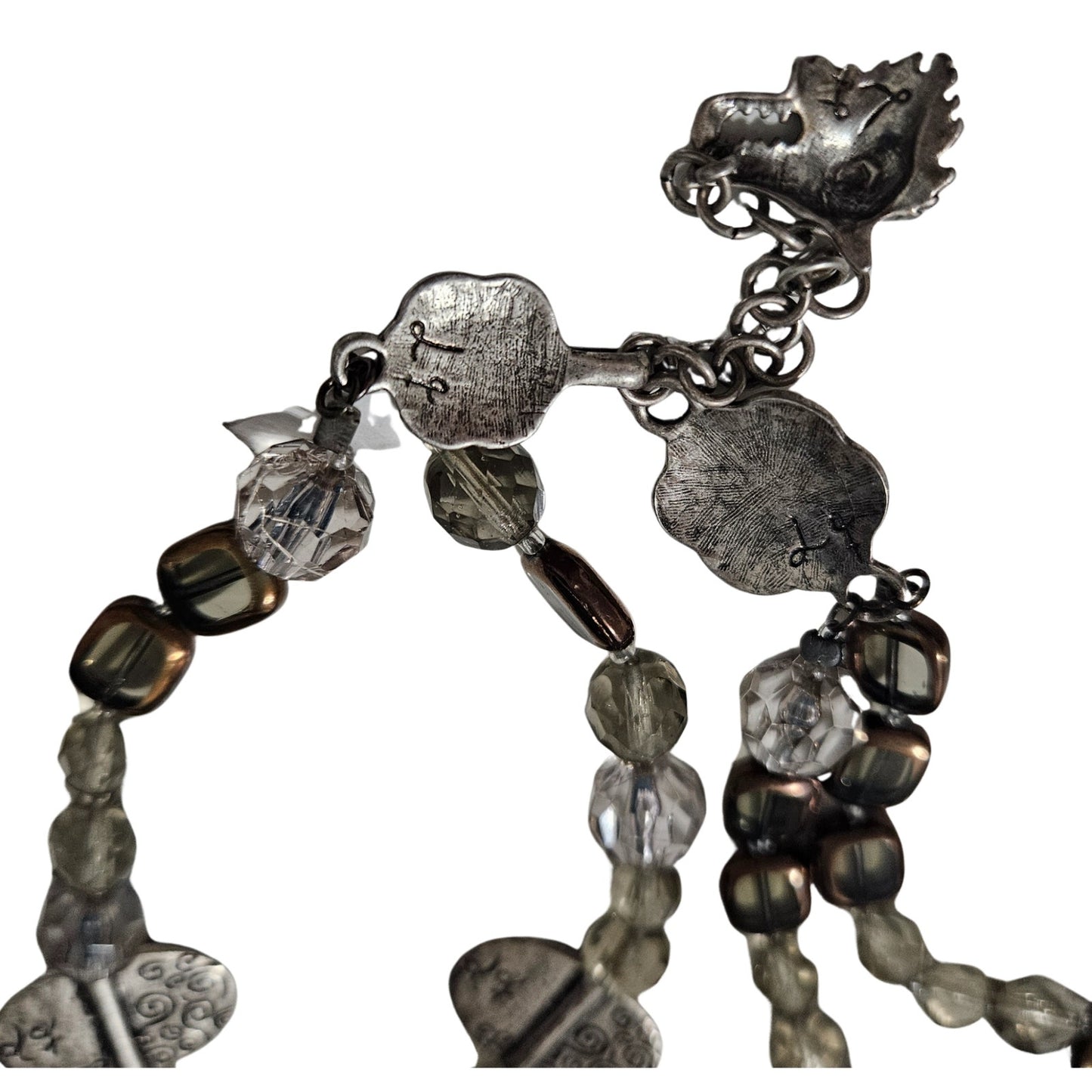 Smoky Bronze Clear Glass Double Strand Beaded Choker Necklace Silver Charms