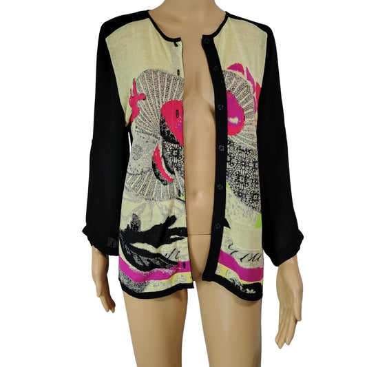 aldomartins Slightly Sheer Abstract Art Contrasted By Black Sheer Sleeves Size M