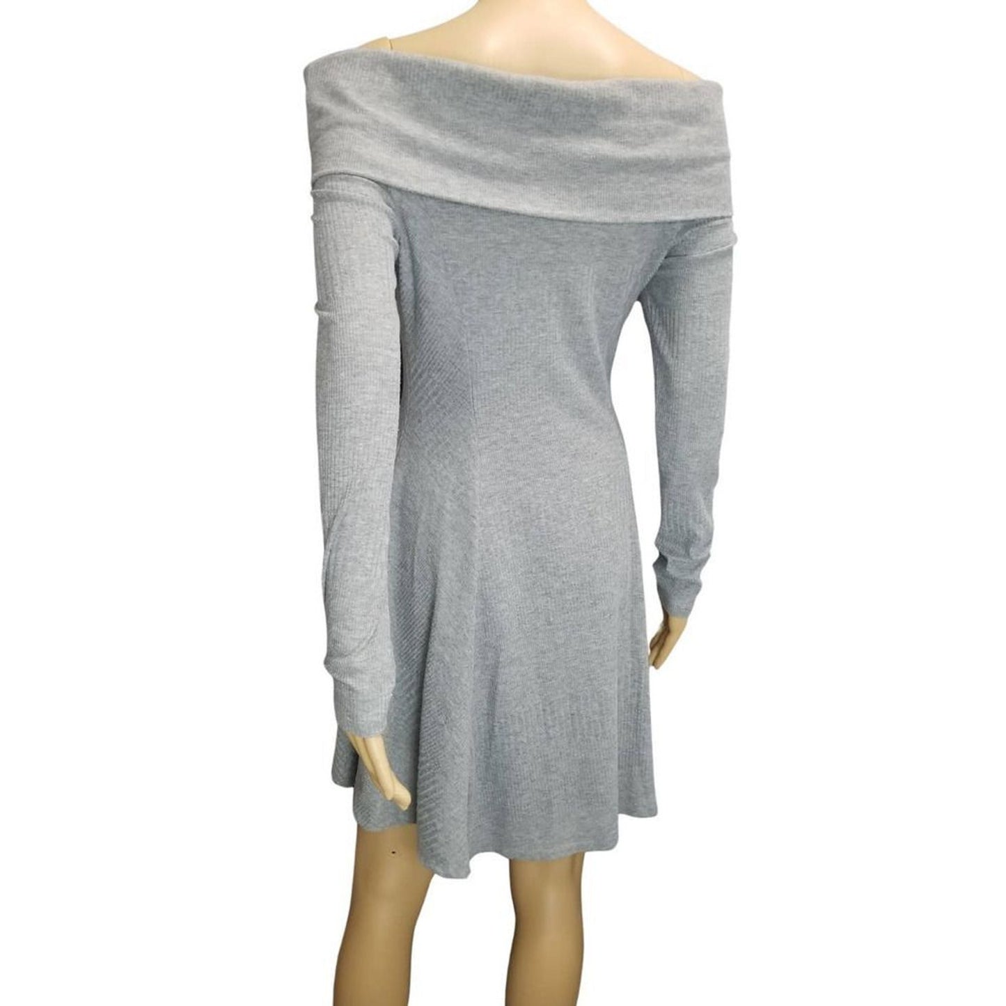 Gray Off The Shoulder Fit & Flare Long Sleeve Ribbed Knee High Dress Size Medium