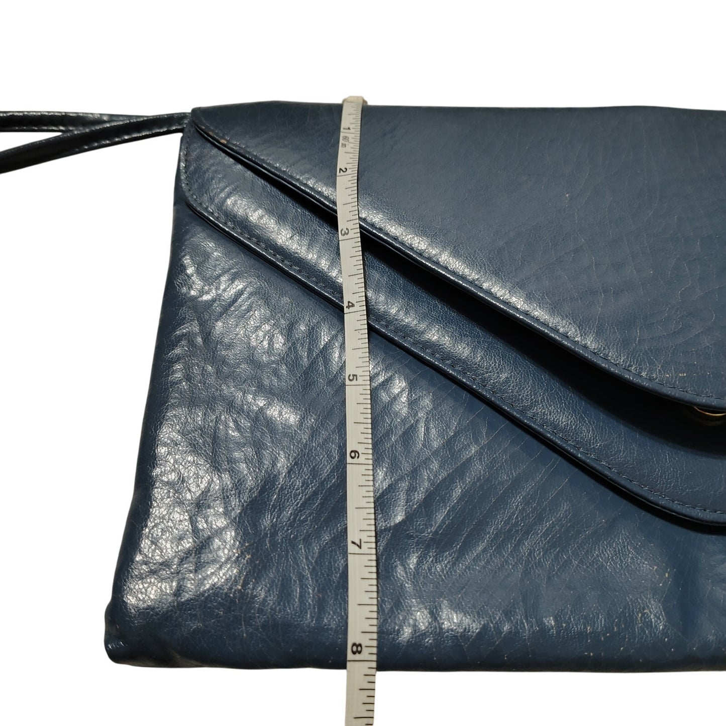 70s Maxi Clutch Blue Faux Leather Vegan Crinkle Leather Wristlet Two Compartment