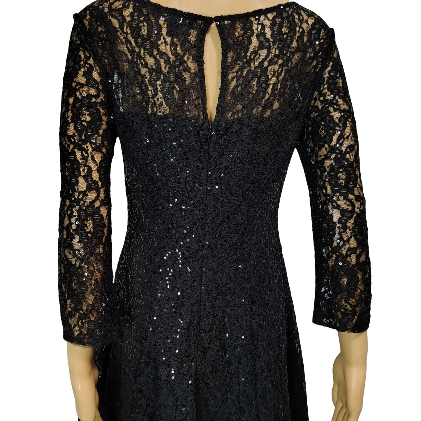 SLNY Black Sequined Illusion Lace Back Keyhole Fit Flare Knee Length Dress SZ 8