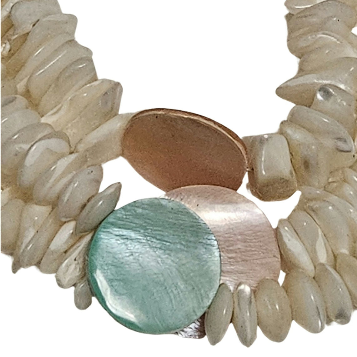Vintage White Blue Pink Cream Triple Layered Puka Shell Mother of Pearl Necklace