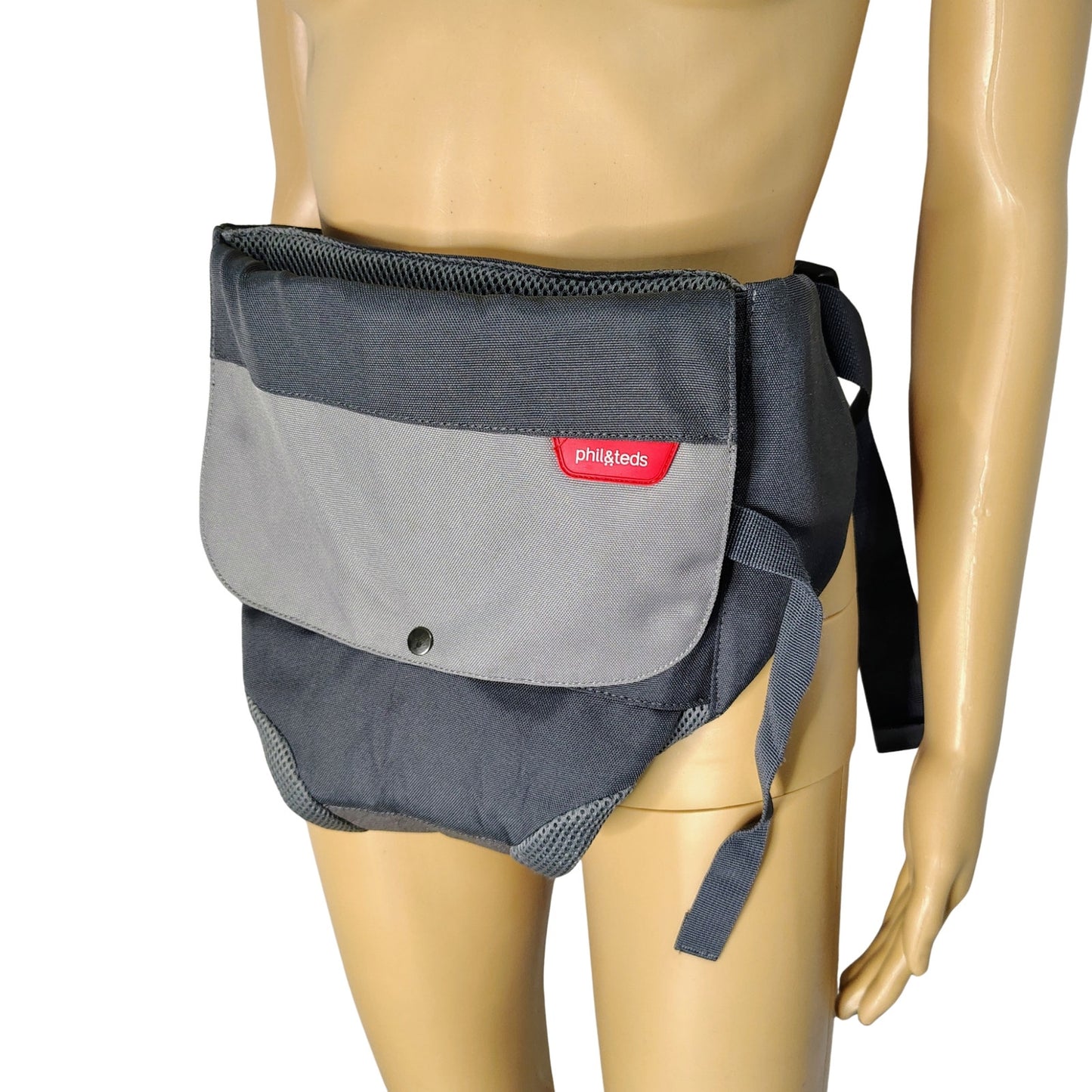 Phil and Ted's Charcoal Gray Belted Hip Baby Seat Carrier Belts Onto Hips
