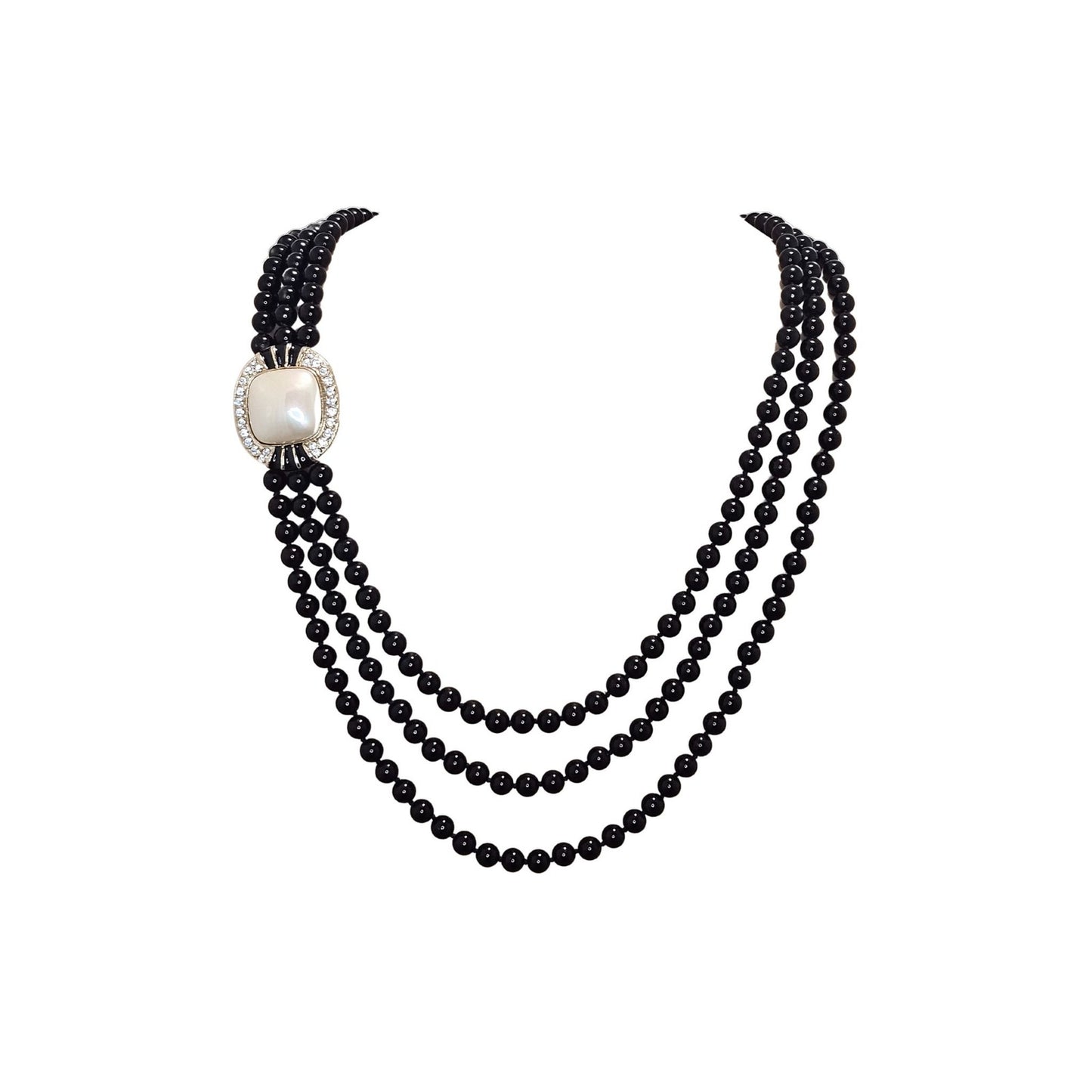 Vintage Black Glass Bead Triple Strand Square Pearl Crystal Statement Necklace