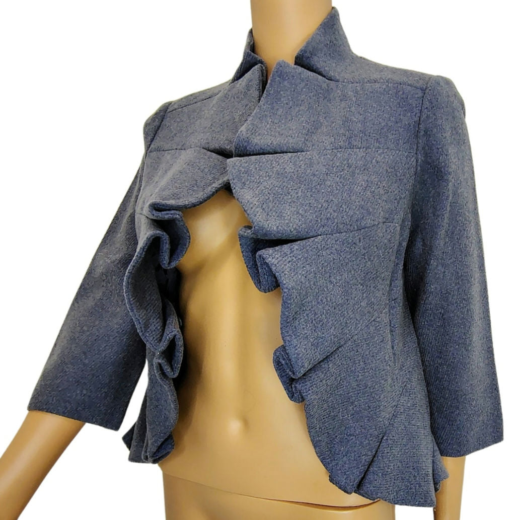 ANTHROPOLOGIE TABITHA Wool Open Front Blazer Gray Ruffled Collar Lapel Size 4