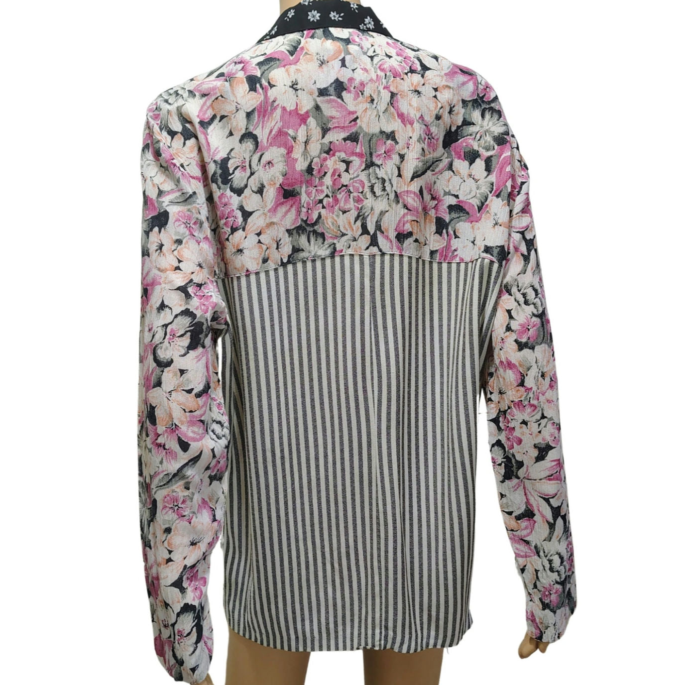 90s Patchwork Floral Striped Light Weight Box Cut Blazer Fold Down Collar Sz Sm