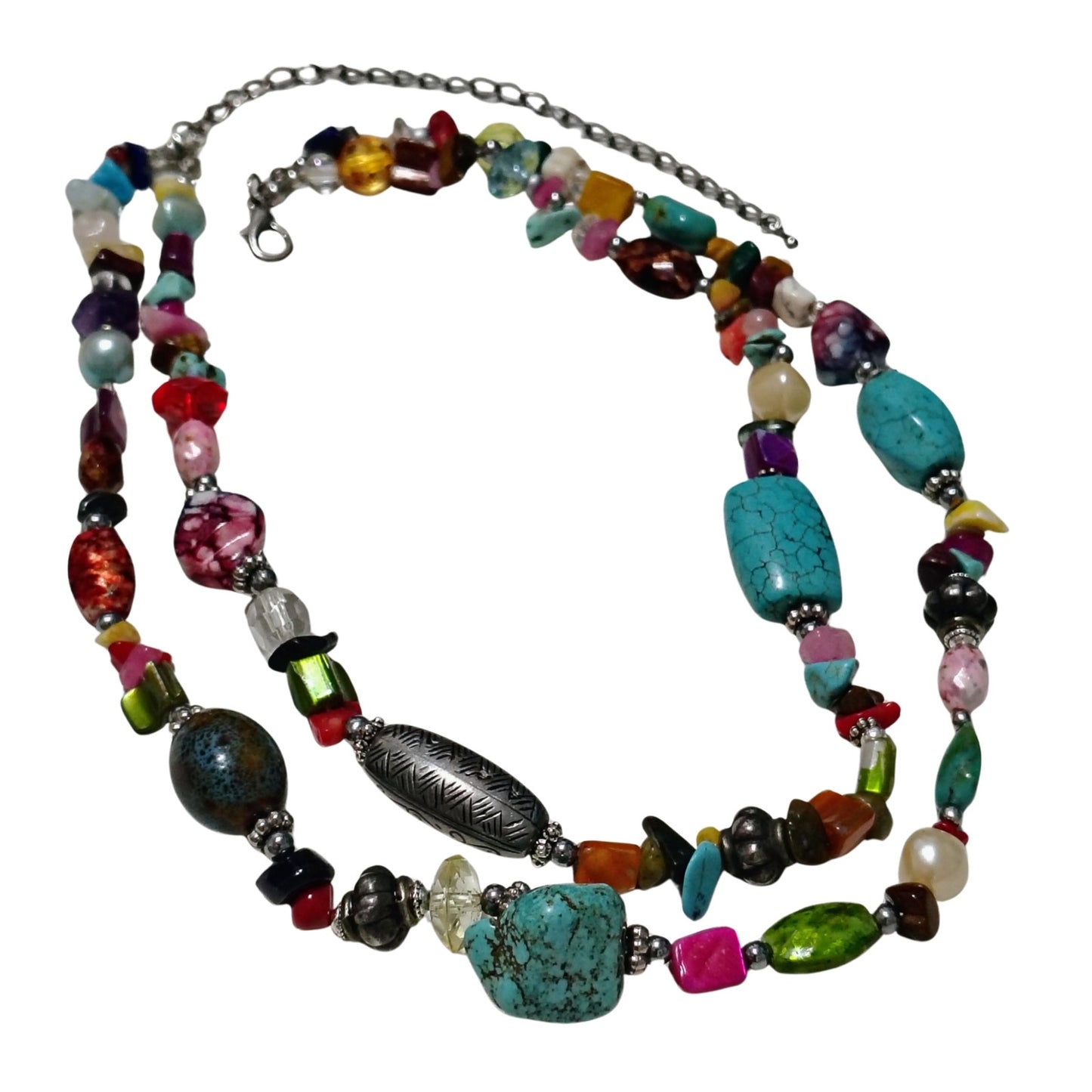 Bohemian Turquoise Rose Quartz Mix Semi-Precious Stones Double Strand Necklace