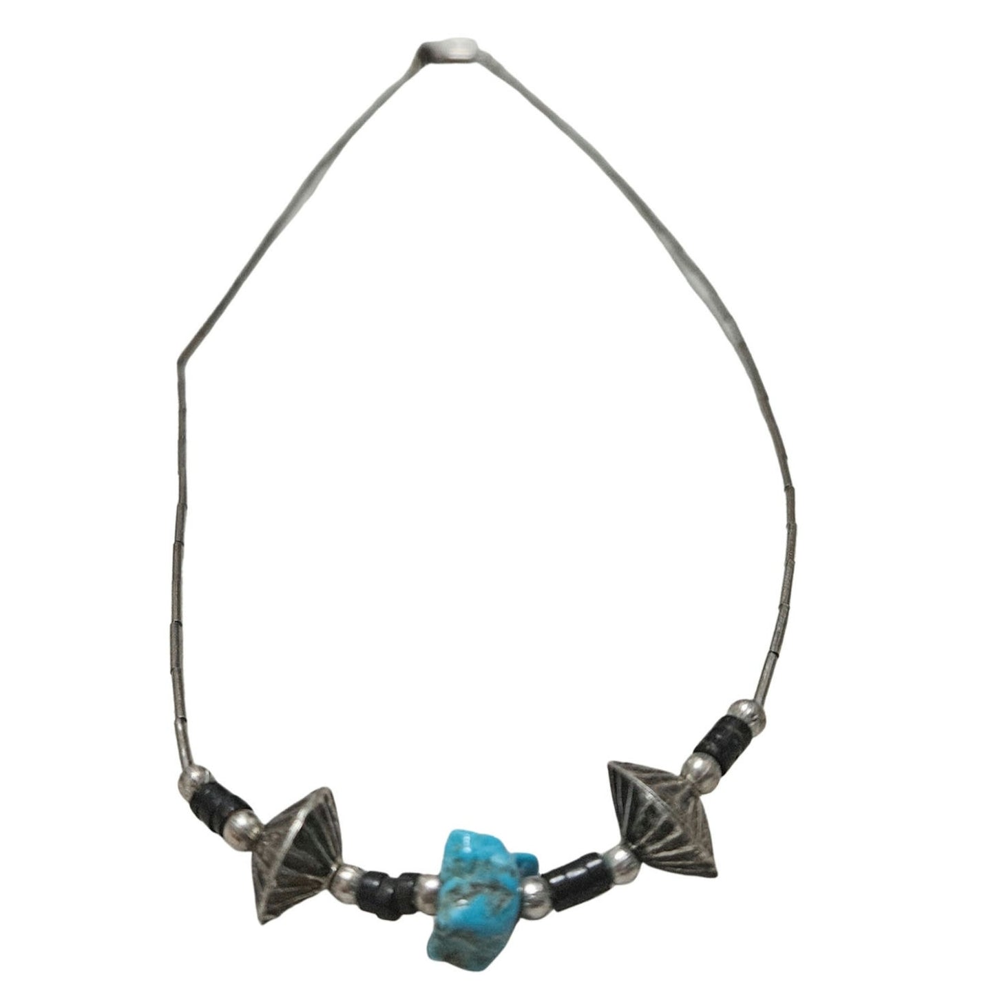 1970s Sterling Silver Liquid Beads Turquoise Black Stone Necklace