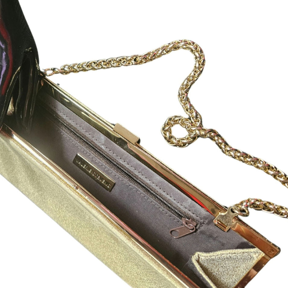 90s Vintage Metallic Gold Thin Clutch Hand bag Two In One Chain Strap Patchwork