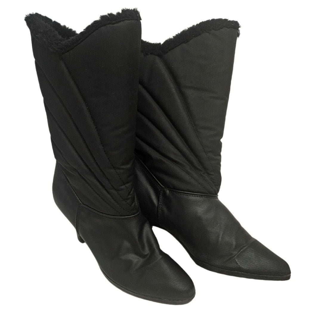 1980s Black Waterproof Rainboots 3 Inch Pump Heel Narrow Faux Fur Lining Size 7