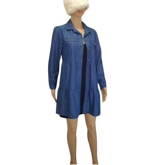 Derek Heart Blue Jean Tiered Button Up Shirt Shacket Size Medium