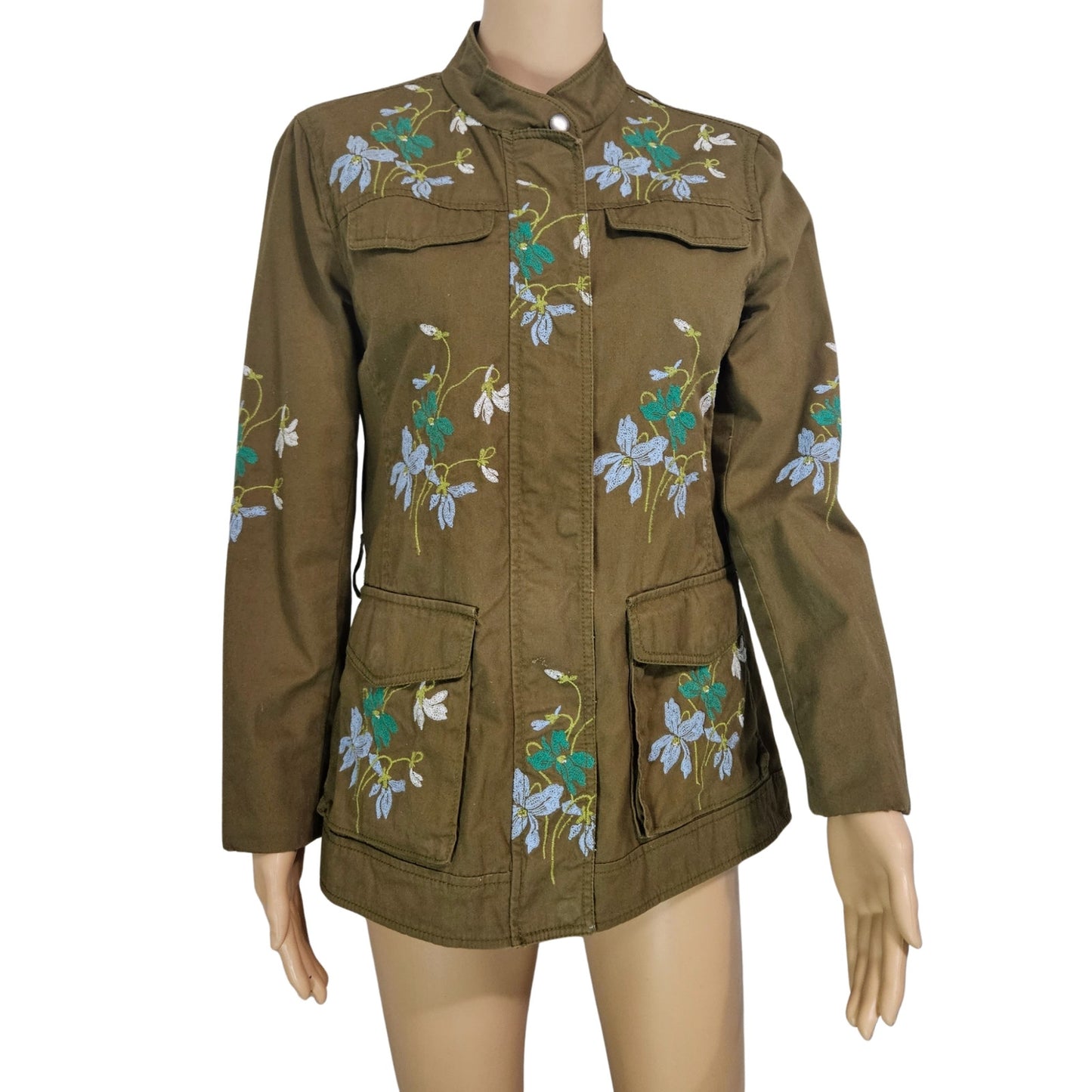 Olive Embroidered Floral Belted Zip Up Utility Standing Collar Jacket Size Medium