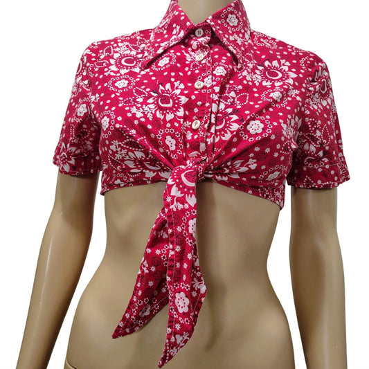 50s Red Cropped Bandana Kerchief Button Up Knot Tie Shirt Top Size 10 Juniors