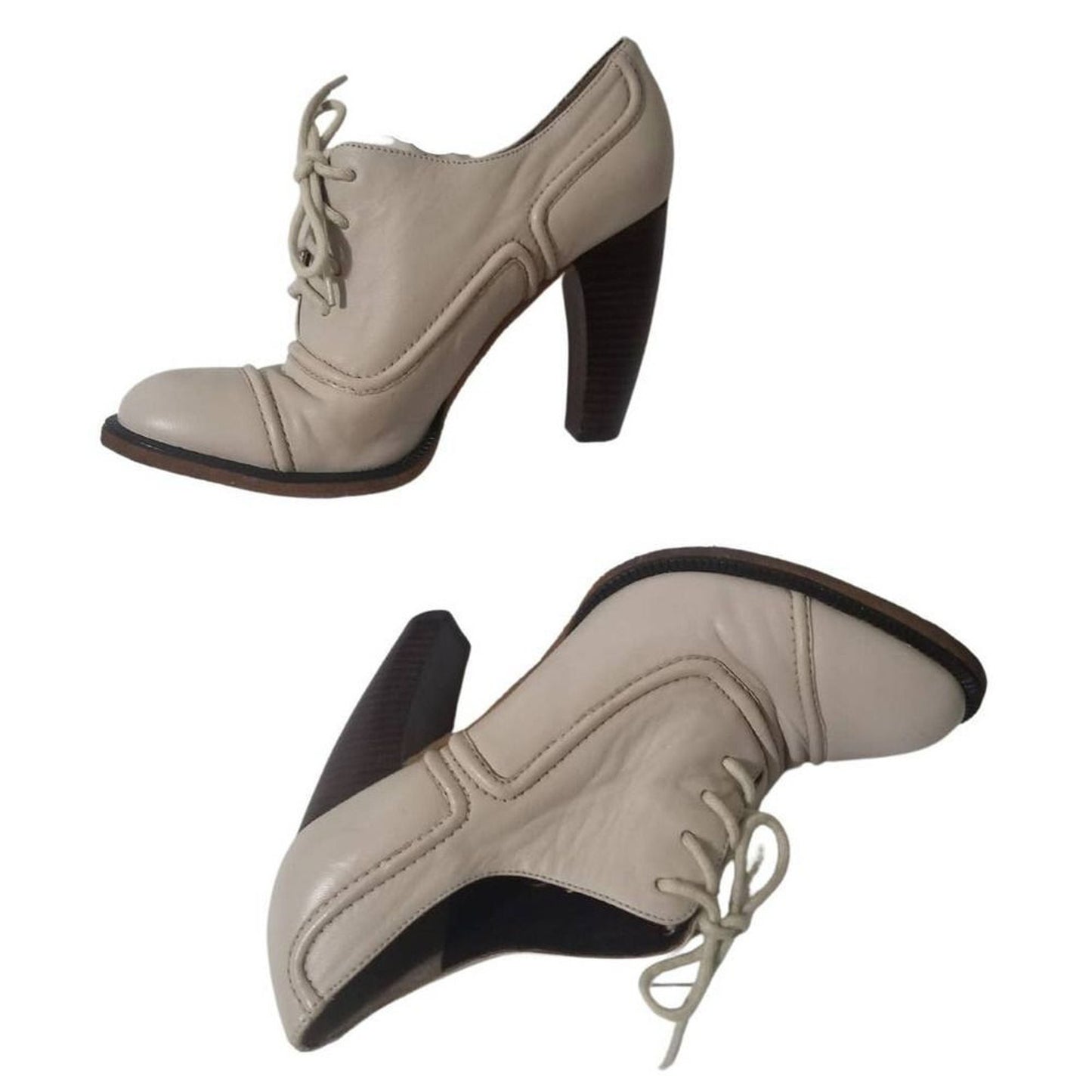 Cream Leather Platforms Booties Seam Detail Heels Round Heel Devani Size 8.5