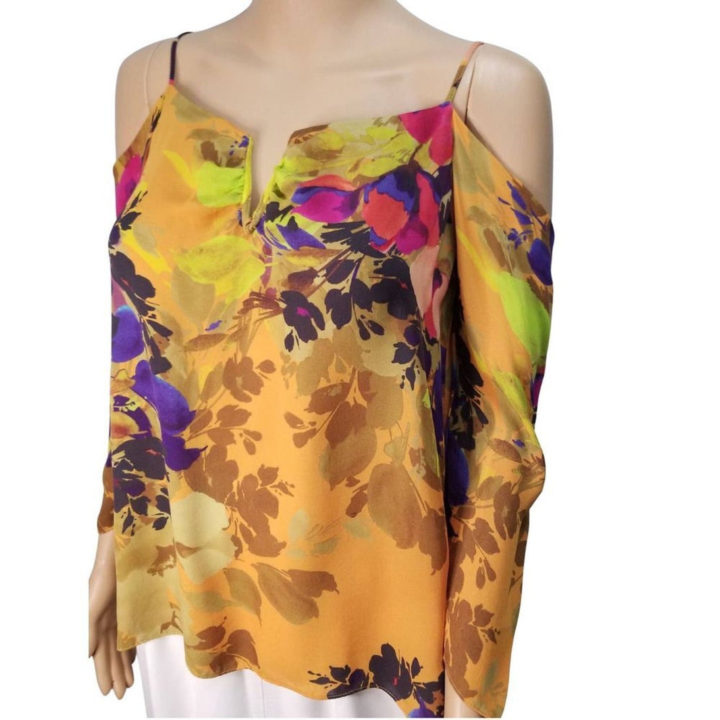 Nicole Miller Atelier Silk Floral Cold Shoulder Deep V Neck Top Size Small