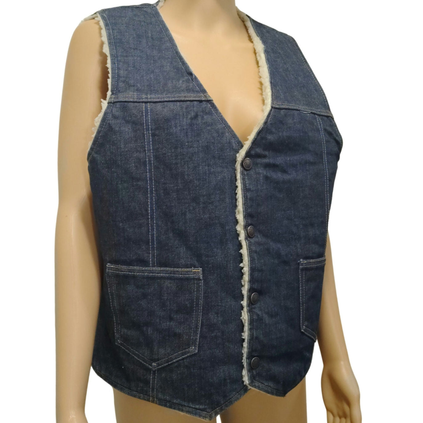60s Indigo Blue Denim Western Sherpa Vest Seams Brass Snaps Closure Pockets SZ M