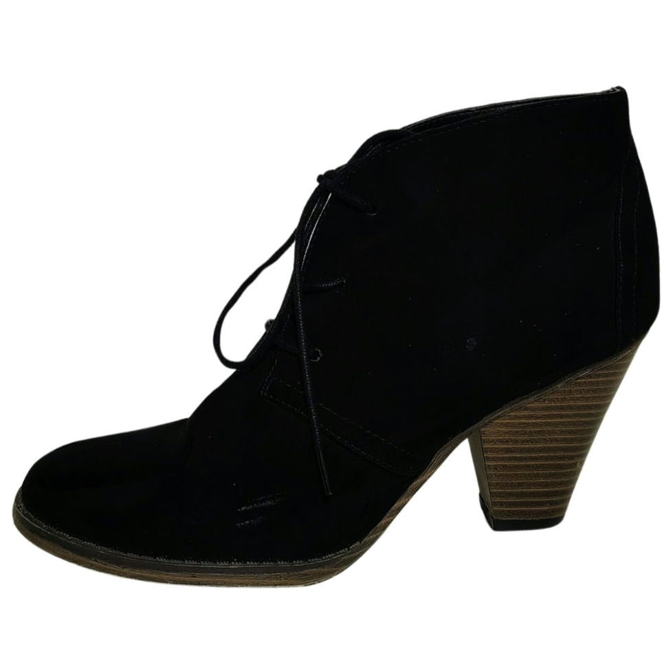 Mia Shayna Lace Up Ankle Bootie Black Faux Suede Wood Stacked Heel Size 9M Women