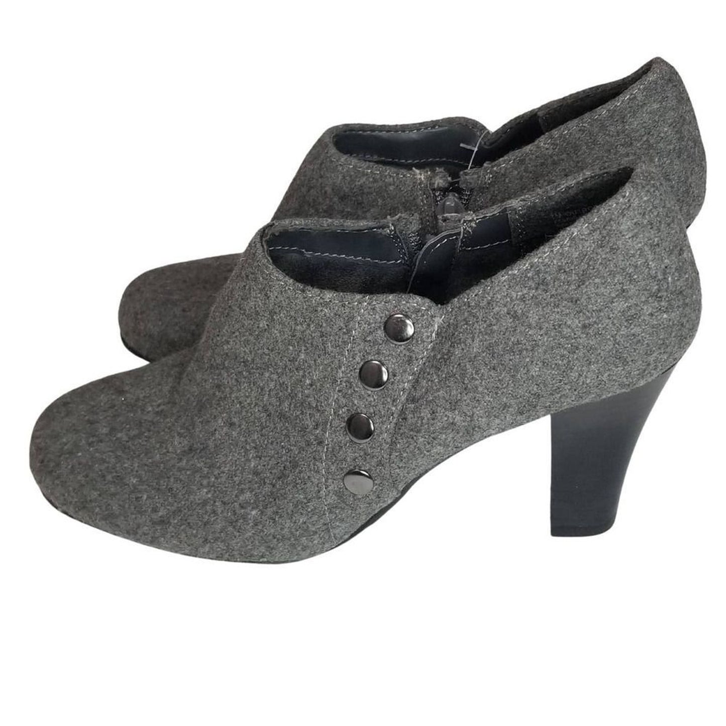 Booties Gray Fabric Round Toe High Heels Inside Zip Closure Size 7 Vegan New