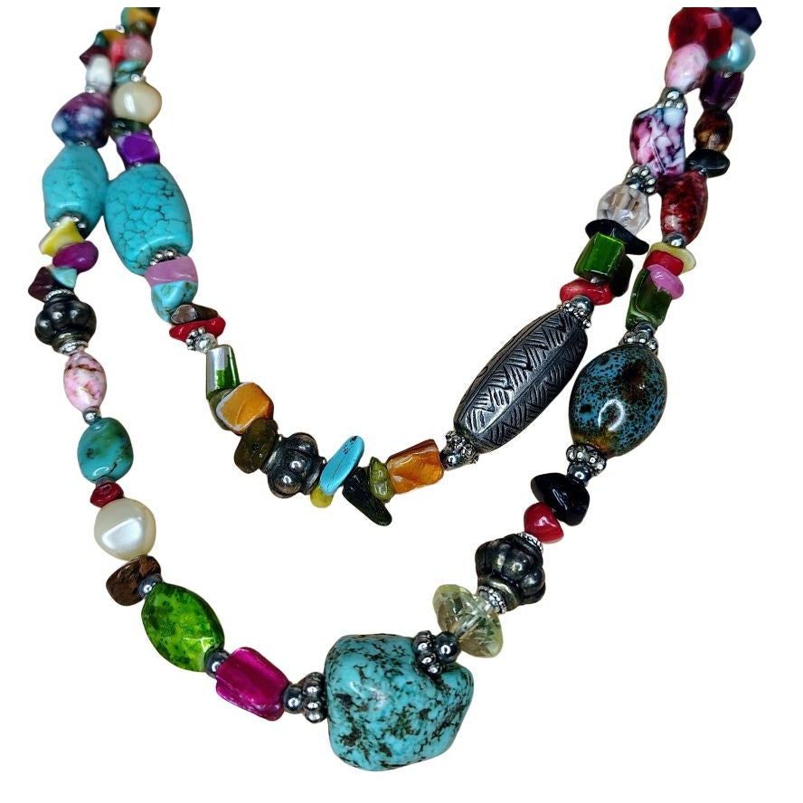 Bohemian Turquoise Rose Quartz Mix Semi-Precious Stones Double Strand Necklace