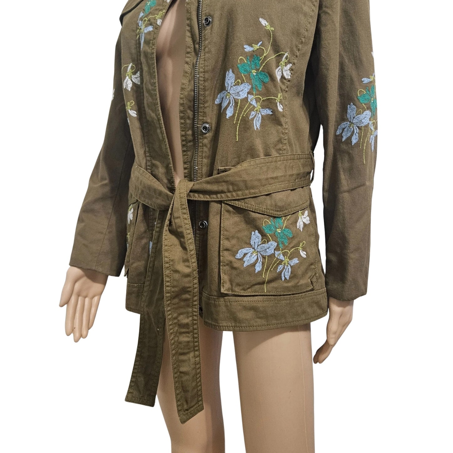 Olive Embroidered Floral Belted Zip Up Utility Standing Collar Jacket Size Medium