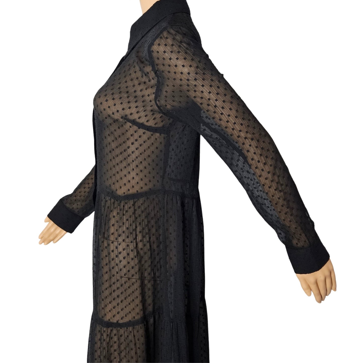 Black Sheer Polka Dot A Line Button Up Collar Shirt Dress Size 8 US 40 EUR