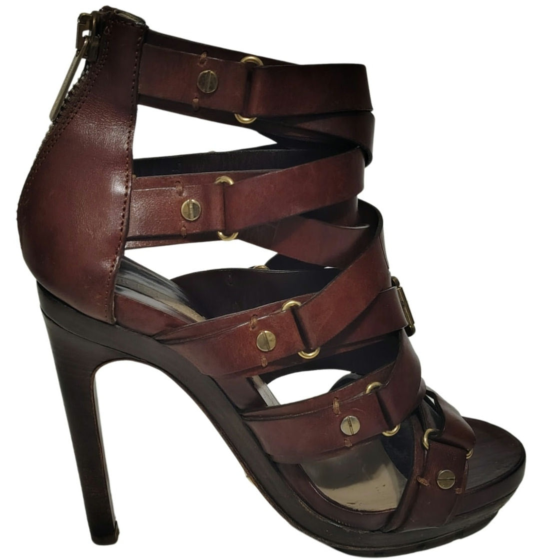 Michael Kors Collection Extreme Strap Brown Leather Platform Gladiator Size 9.5