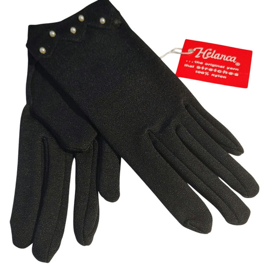 Black Mini Cream Pearl Nylon Evening Gloves New With Tag Mint Vintage Helena