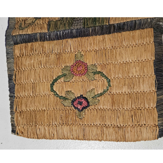 1940s Handwoven Grass Clutch Wallet Bag Floral Motiff Gently Used 8 x 6 Inch