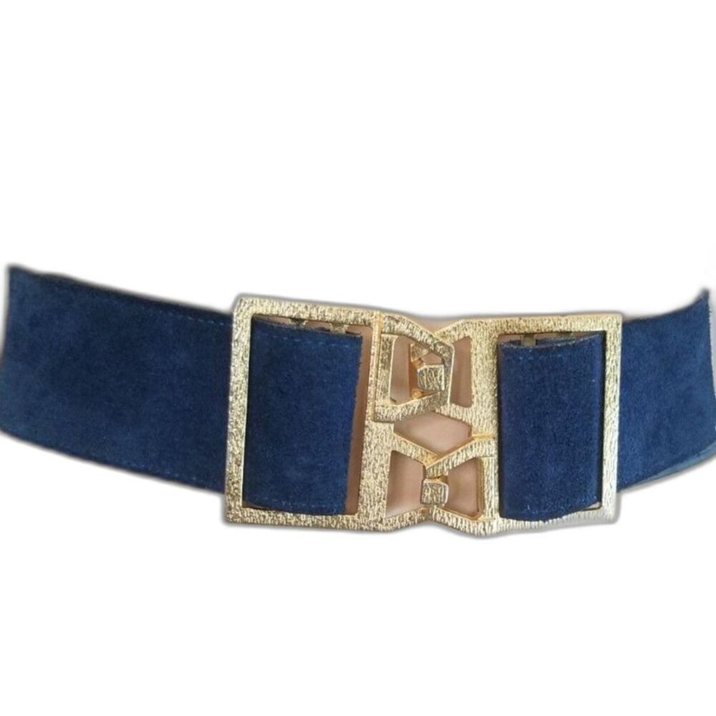 Vintage Big Gold Interlocking Cut Out Buckle Wide Blue Suede Belt Adjustable