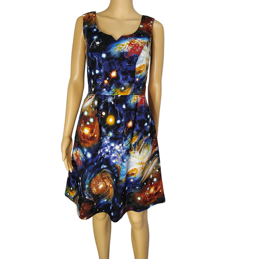 Blue ModCloth Fervour Dress Galaxy Fit & Flare Back Zipper Sleeveless Size Small