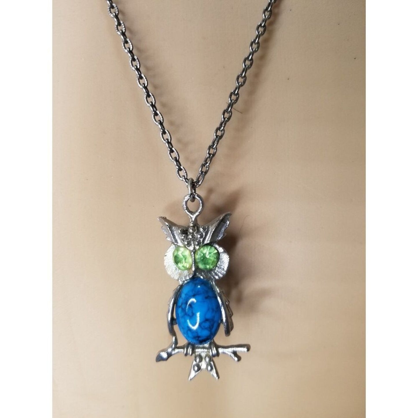 60s Vintage Turquoise Belly Green Crystal Eyes Owl Pendant Chain Link Necklace