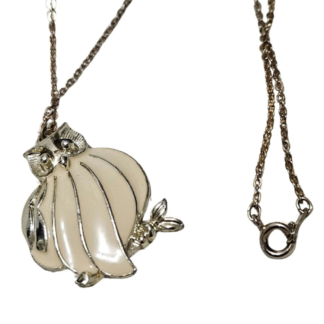 Cream Owl Enamel Coated Pendant on Gold Thin Light Weight Chain Link Necklace