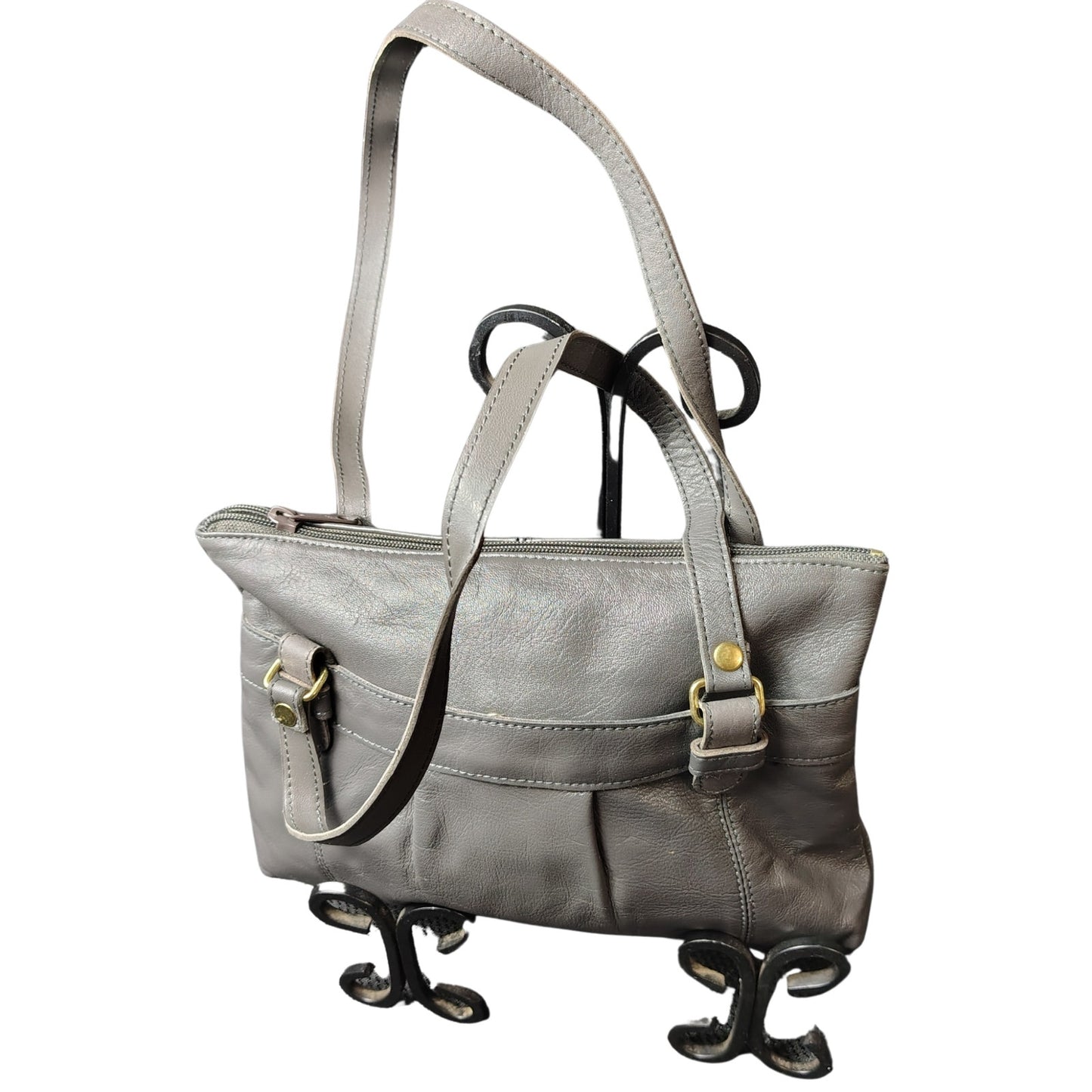 Gray Pleated Leather Vintage Shoulder Bag Two Handles Zip Top Purse 10.5" x 7.5"