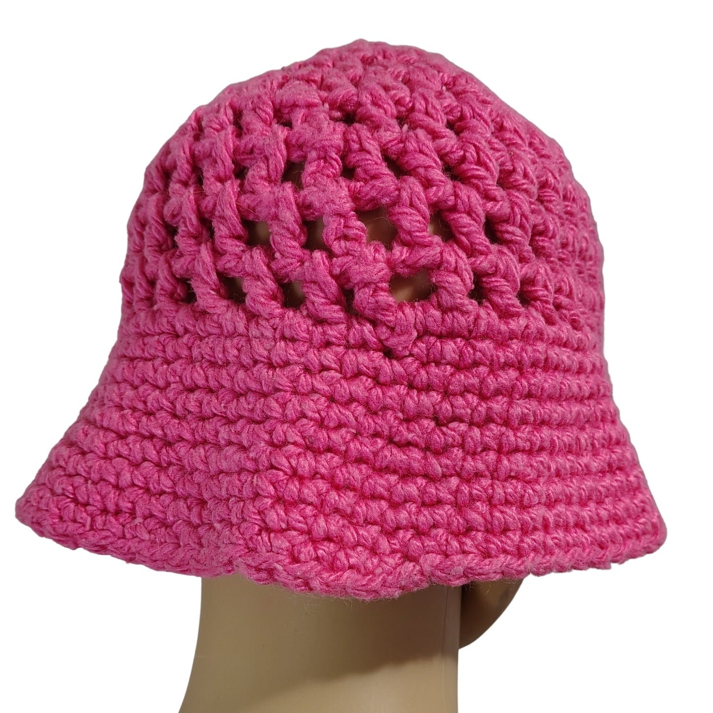 Vintage Pink Crochet Knit Bucket Hat Wide Brim Size Small