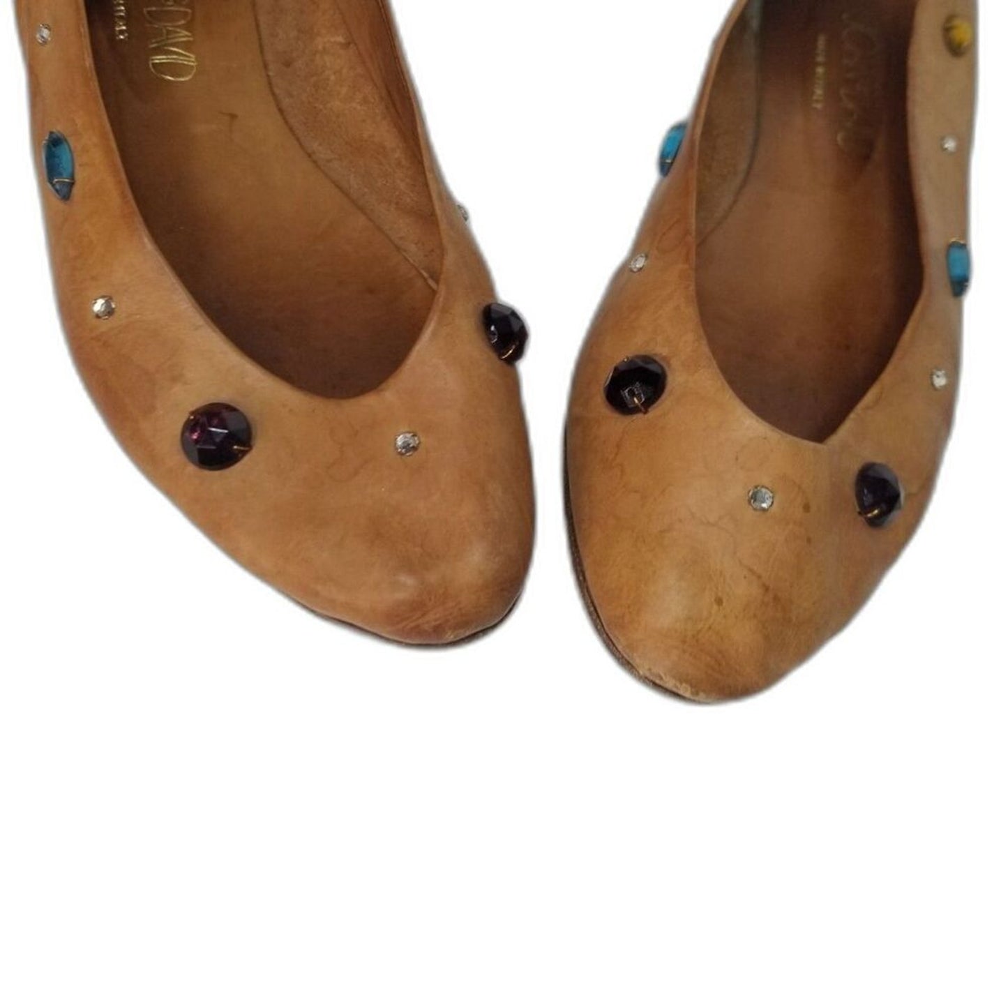80s Vintage Joan & David Vegetable Tanned Leather Be-jeweled Tan Flats Size 7.5