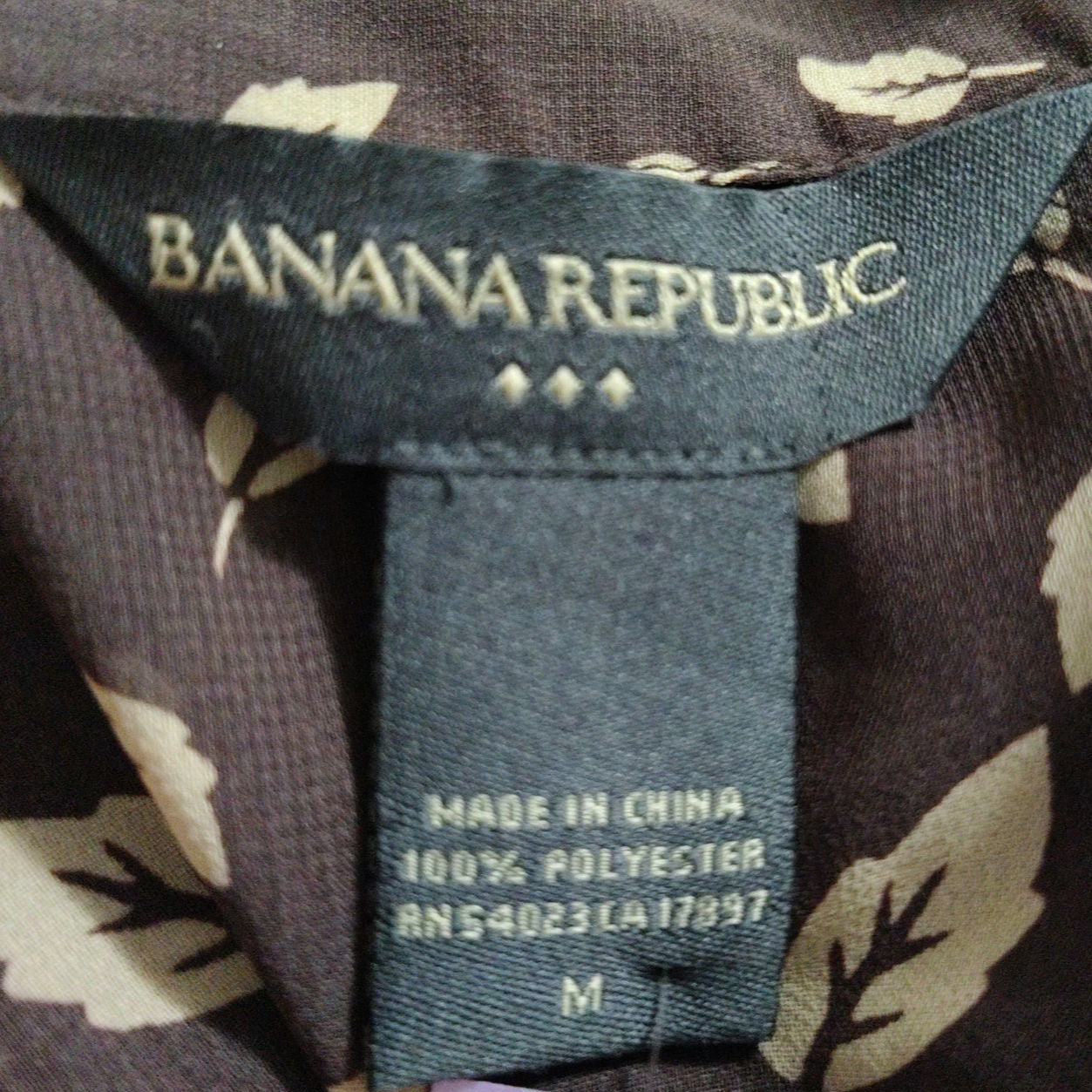 Banana Republic Brown Leaf Print Top Button Up Shirt 3/4 Sleeve Blouse Size Med
