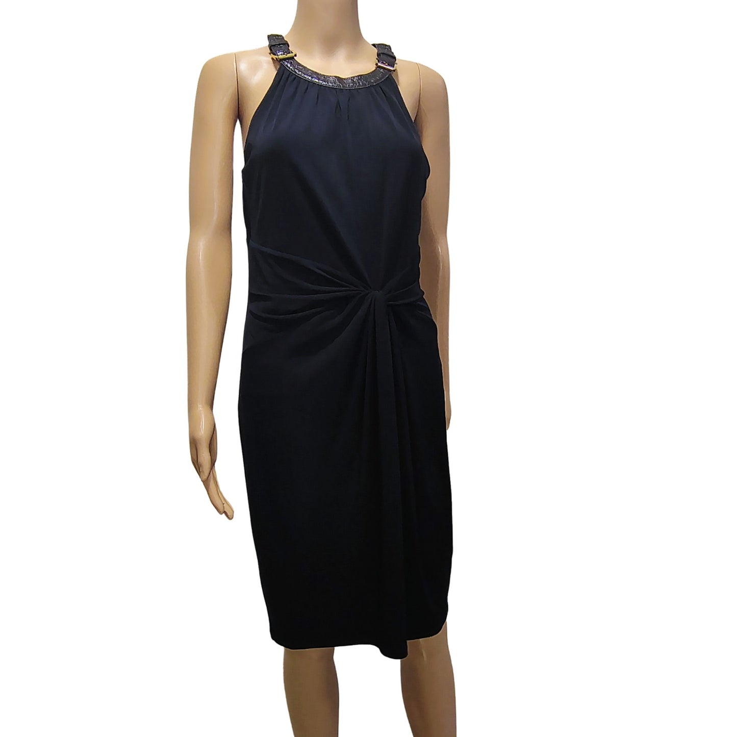 Halter Brown Leather Collar Black Bodycon Midi Dress Ruched Michael Kors SZ M