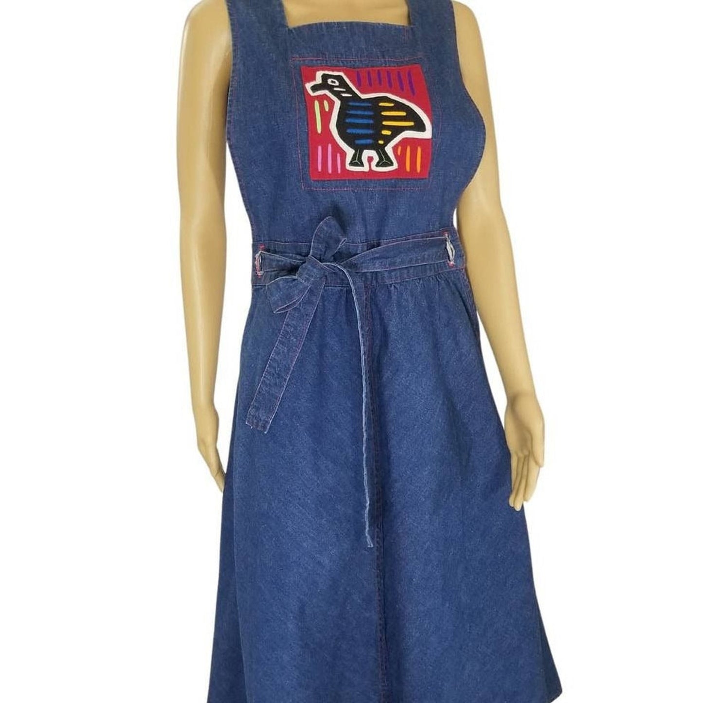 Blue Jean Crossroads Bird Patch Midi Jean Belted Fit Flare Tank Dress Size Large