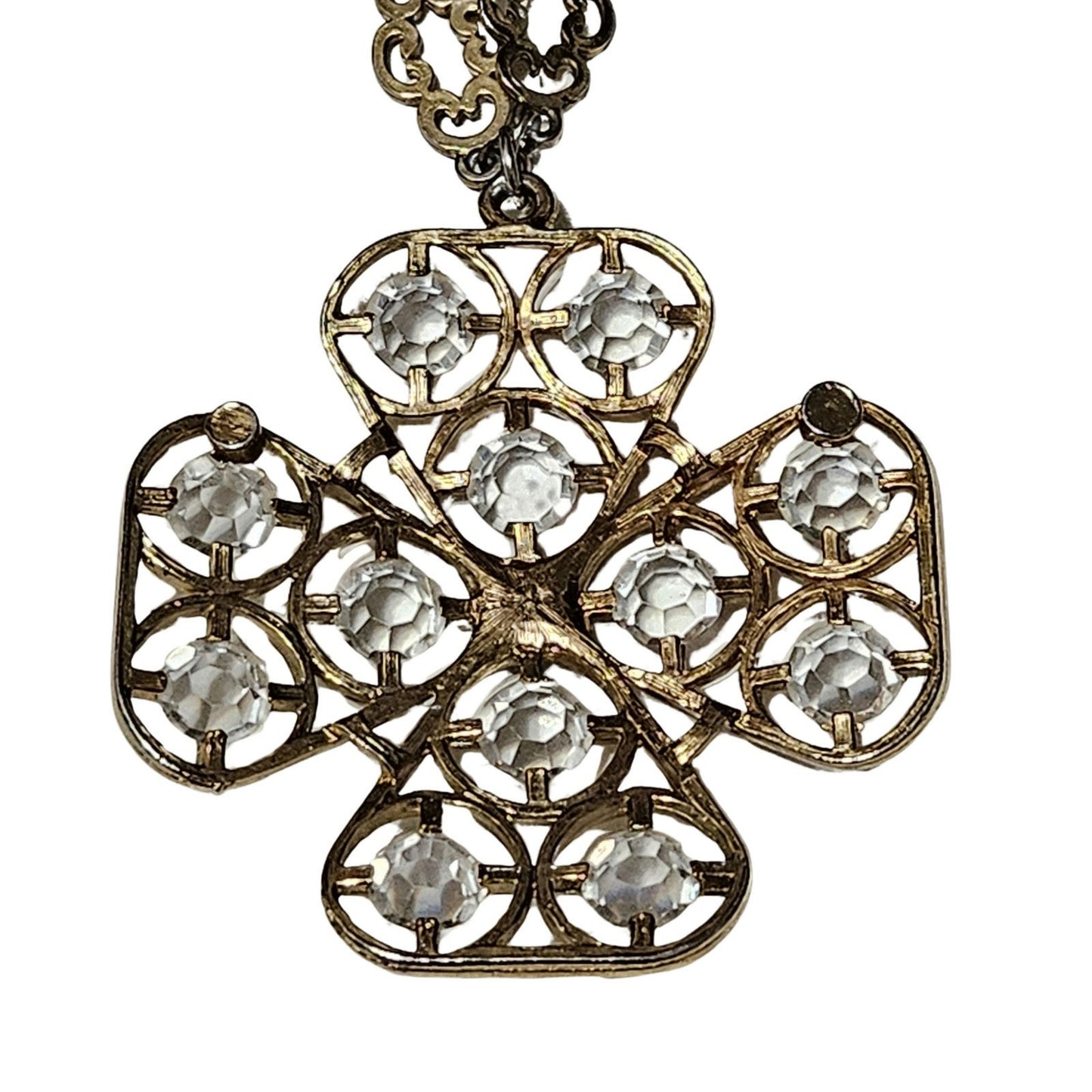 70s Cross Pendant Faceted Stone Metal Framework Ornate Interconnected Chain link
