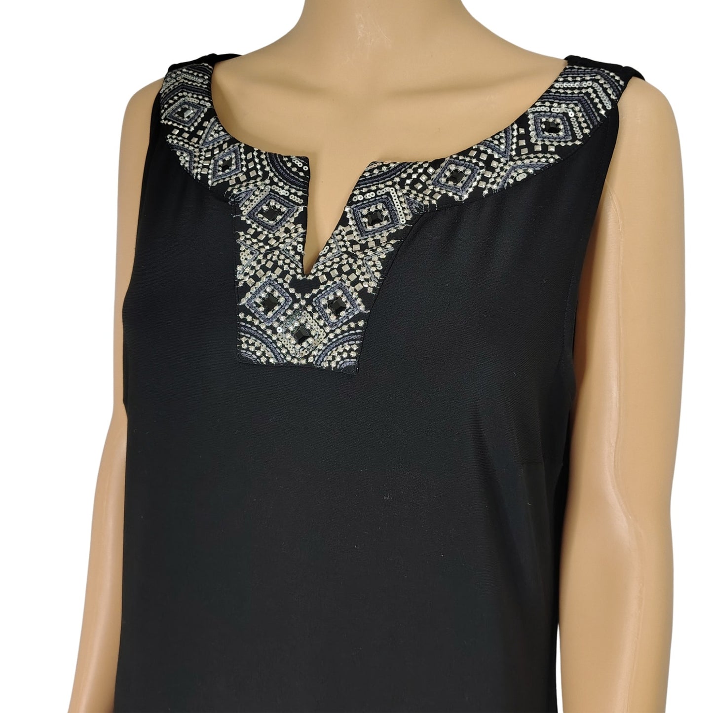 Black Metallic Embellished VNeck Flapper Inspired Pleat Hem Drop Waist Dress