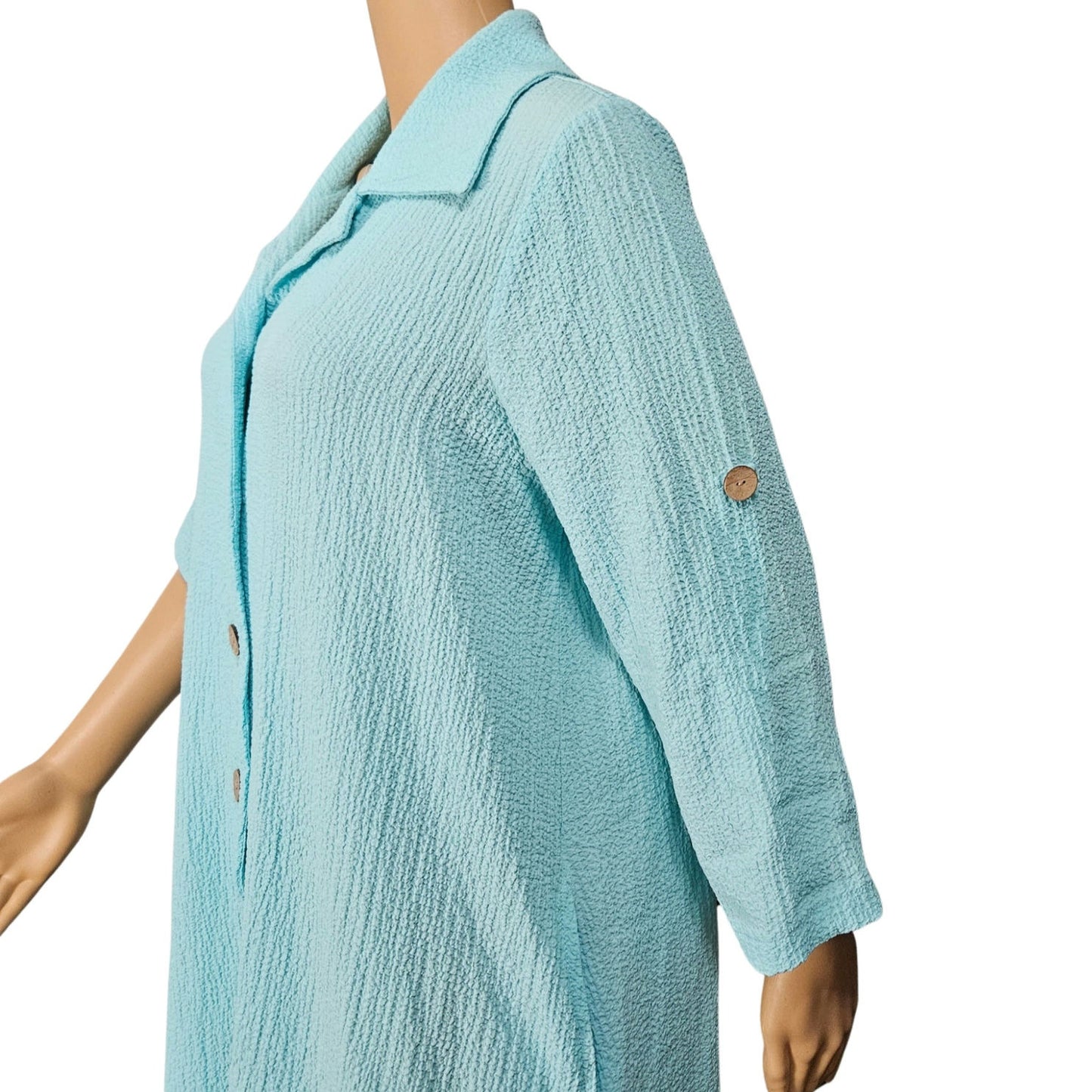Nina Leonard Pebble Woven Tab Sleeve Tunic Blouse Fold Down Collar Top size Large