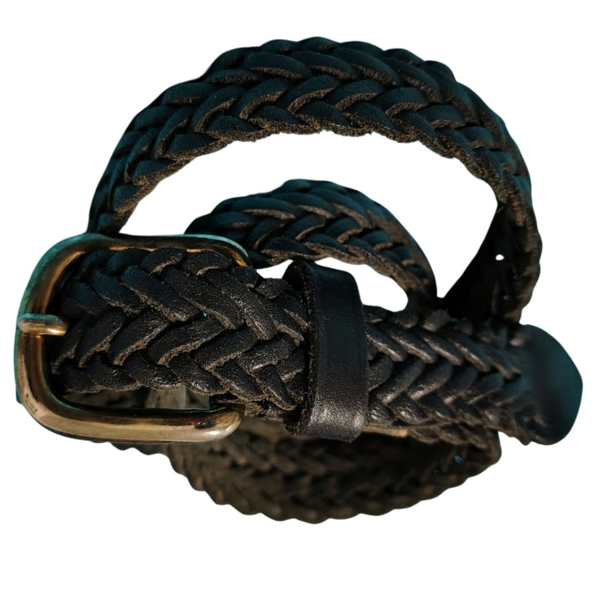 1980s Black Leather Narrow Width Braided Vintage Belt Adjustable Free Size 46